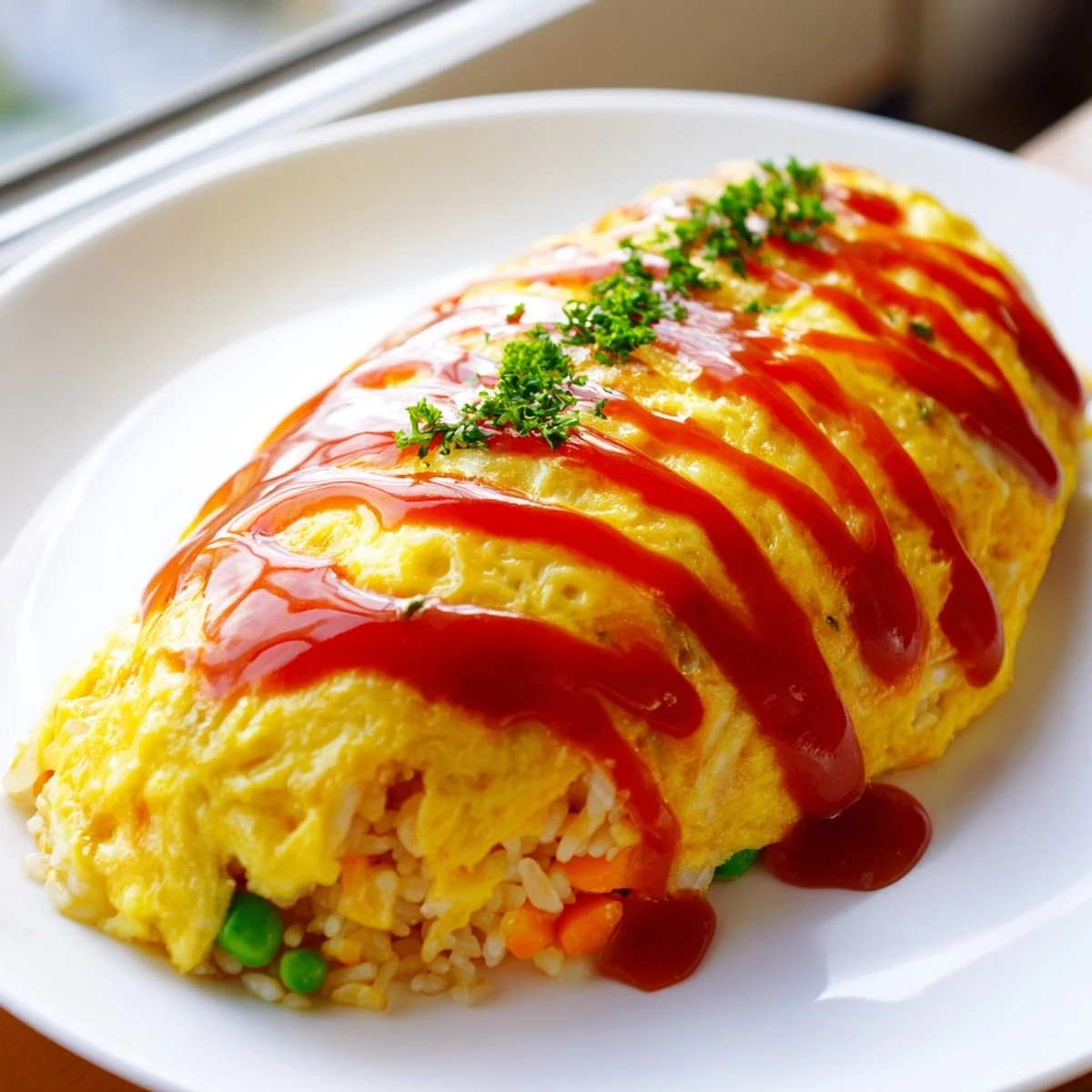 Golden omurice with ketchup drizzle over fluffy fried rice wrapped in a tender omelette