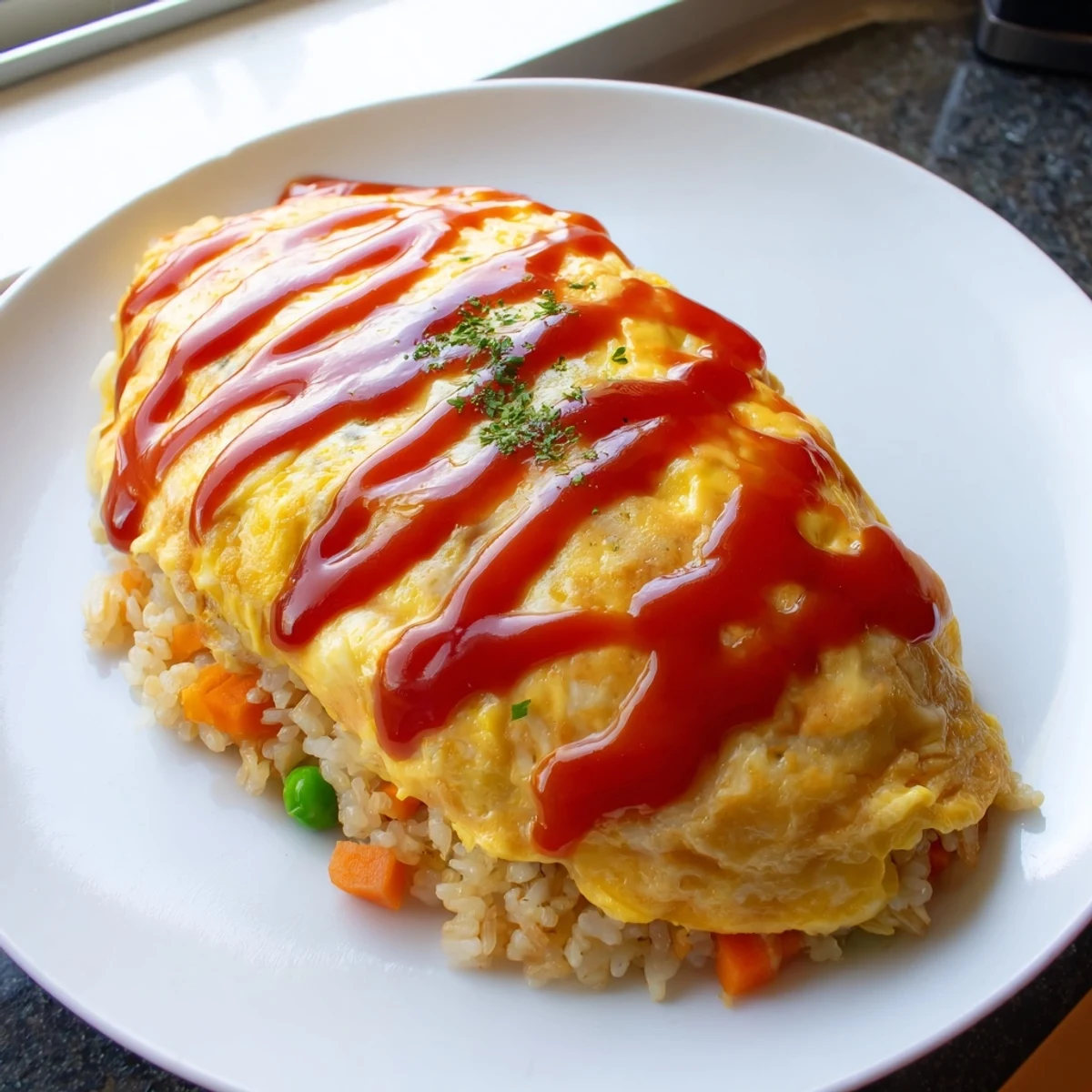 Creamy omurice omelette hugging savory chicken fried rice garnished with fresh parsley