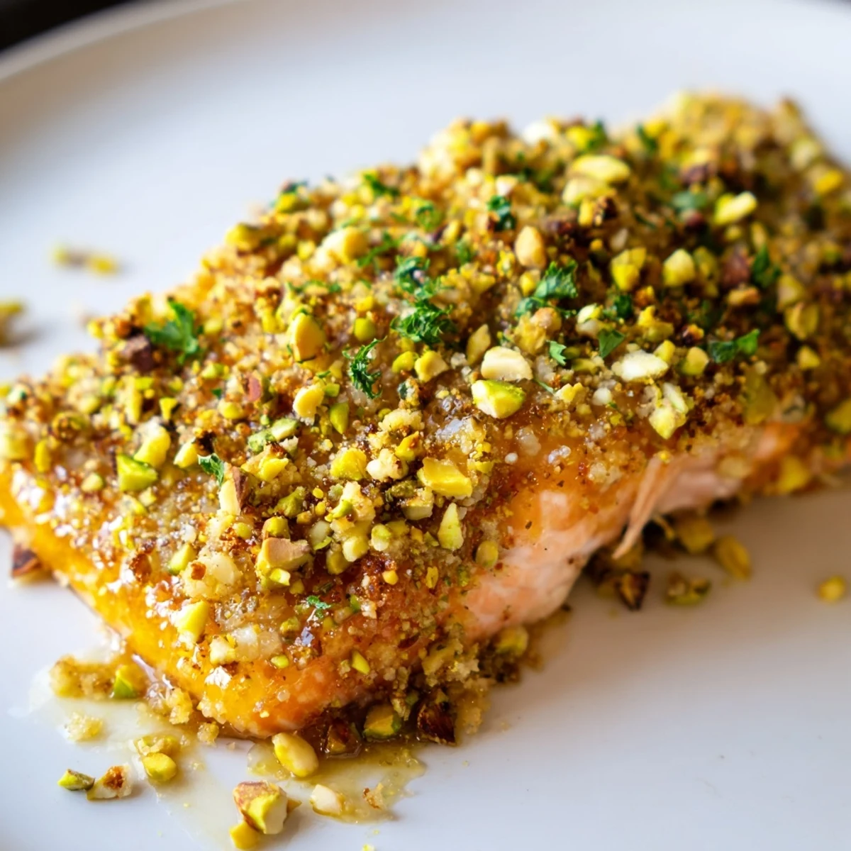 Golden maple pistachio salmon fillet with a caramelized nutty crust on a baking sheet