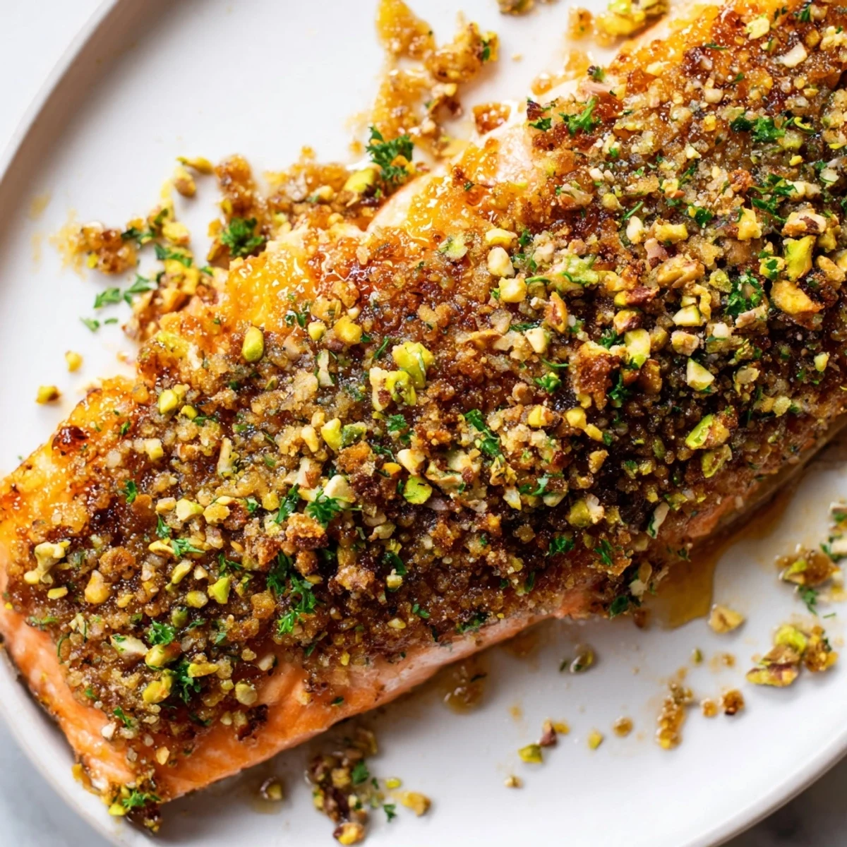 Close-up of maple pistachio salmon showcasing its glossy mustard glaze and toasted green pistachio topping