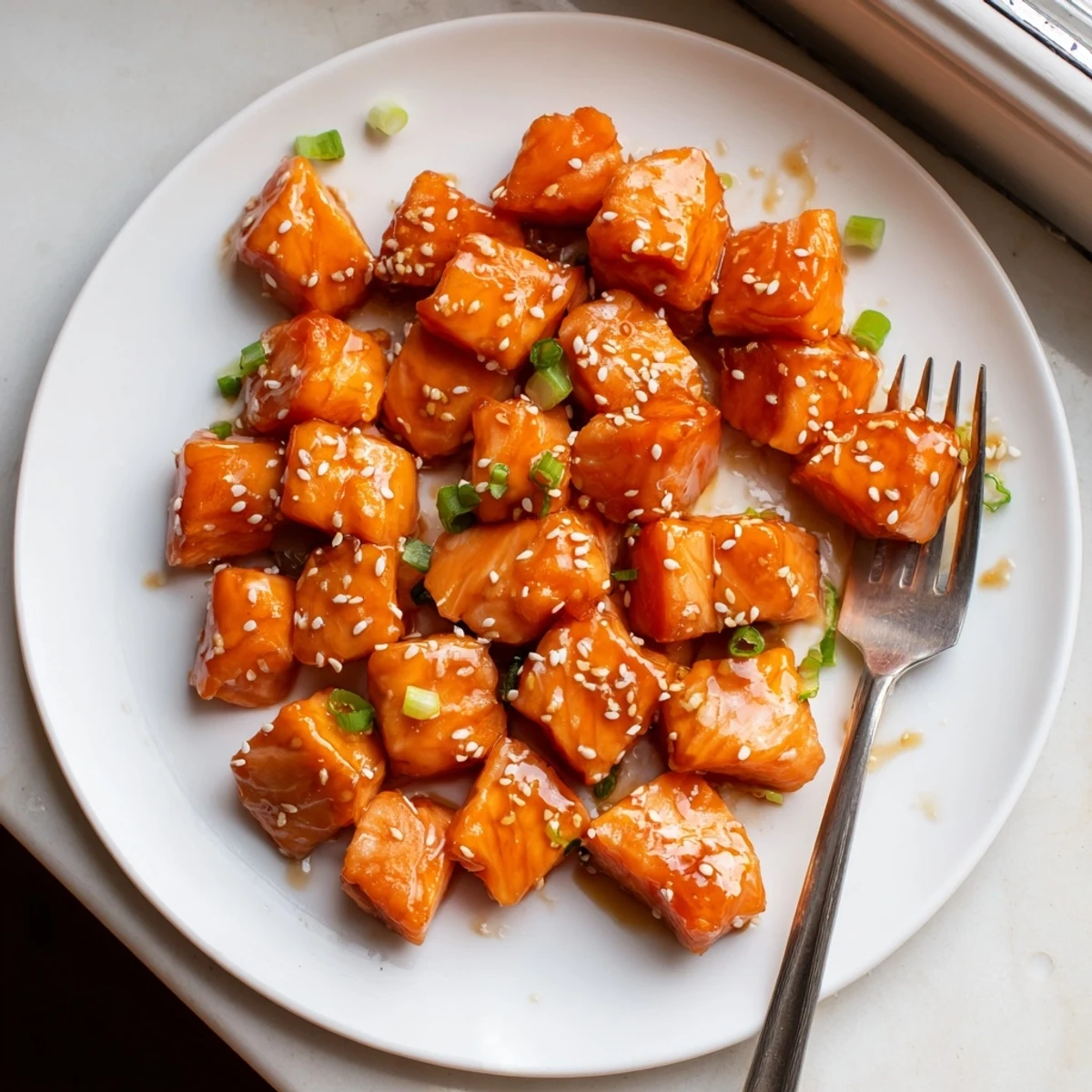 Caramelized hot honey salmon bites drizzled with sticky spicy-sweet glaze served in crisp lettuce cups