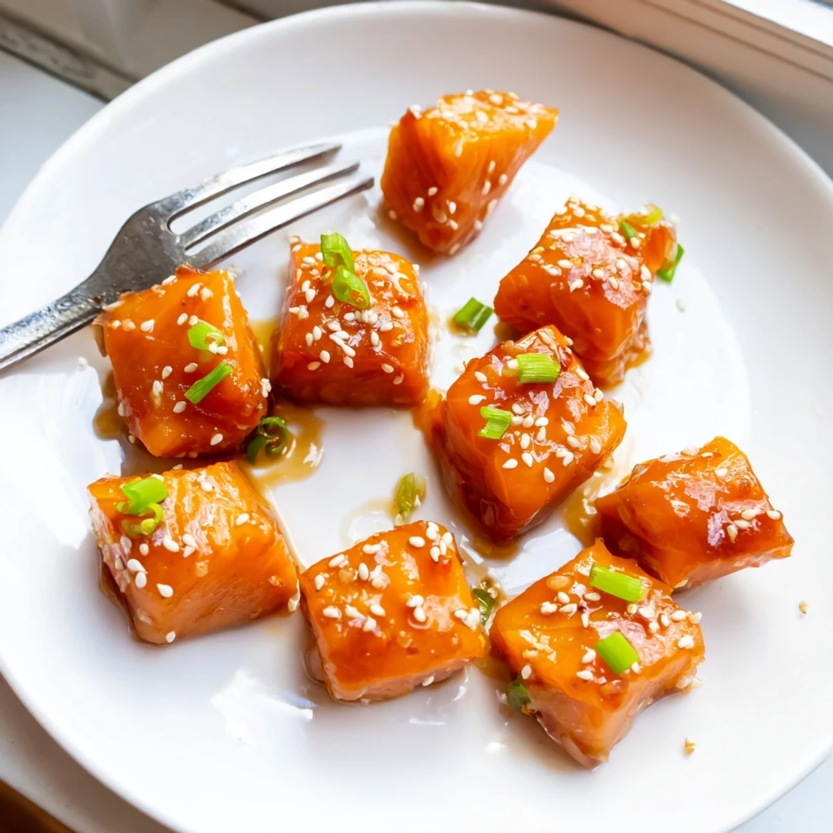 Glossy hot honey salmon bites garnished with sesame seeds and fresh chives on a white platter