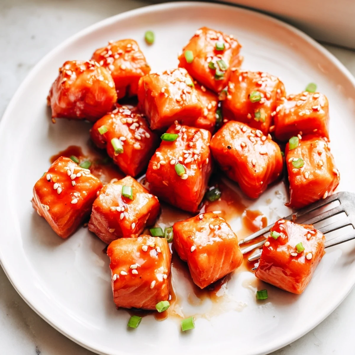Golden baked hot honey salmon bites coated in a bubbling sriracha honey sauce on parchment paper