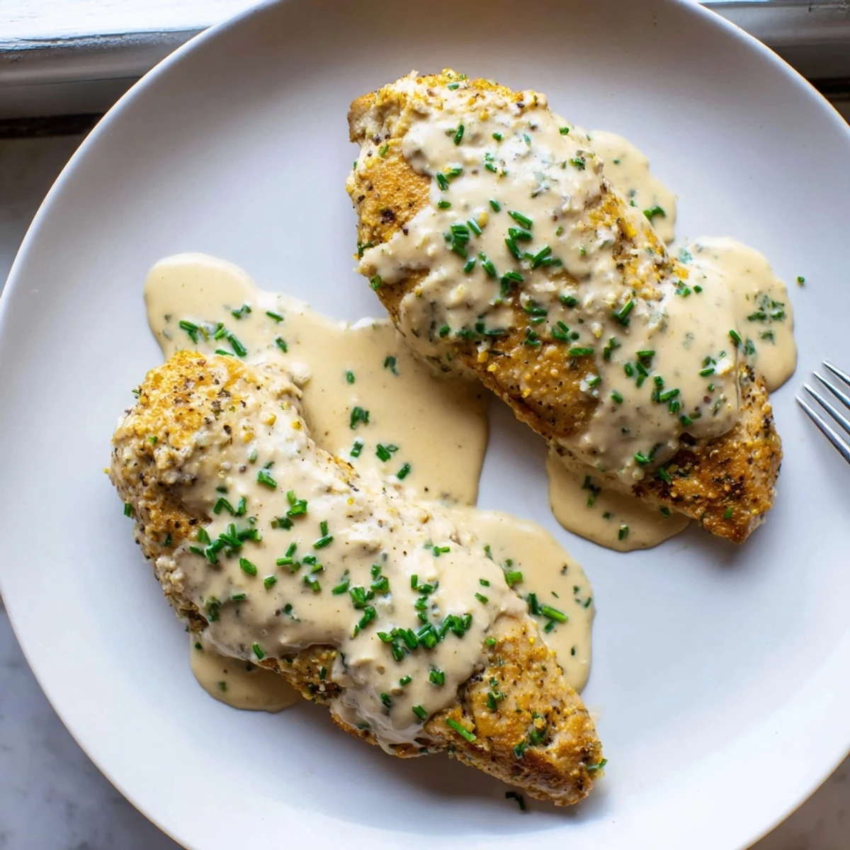 Creamy Boursin sauce with garlic and herbs drizzled over golden seared chicken breasts
