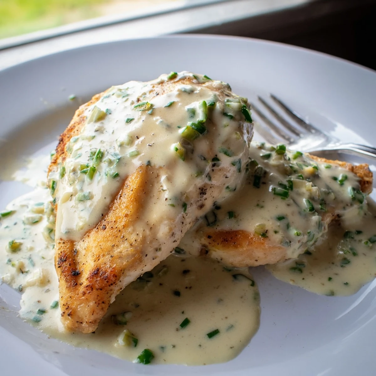Tender chicken breasts resting in a rich, creamy Boursin cheese sauce with fresh herbs