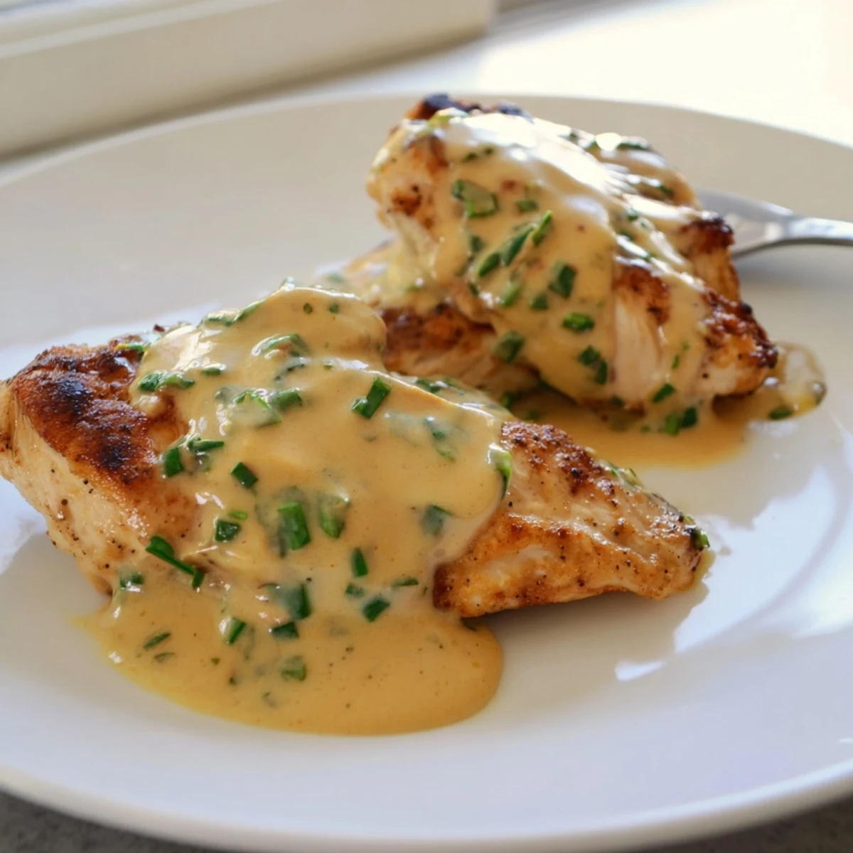 Juicy pan-seared chicken smothered in velvety Boursin garlic and fine herb sauce