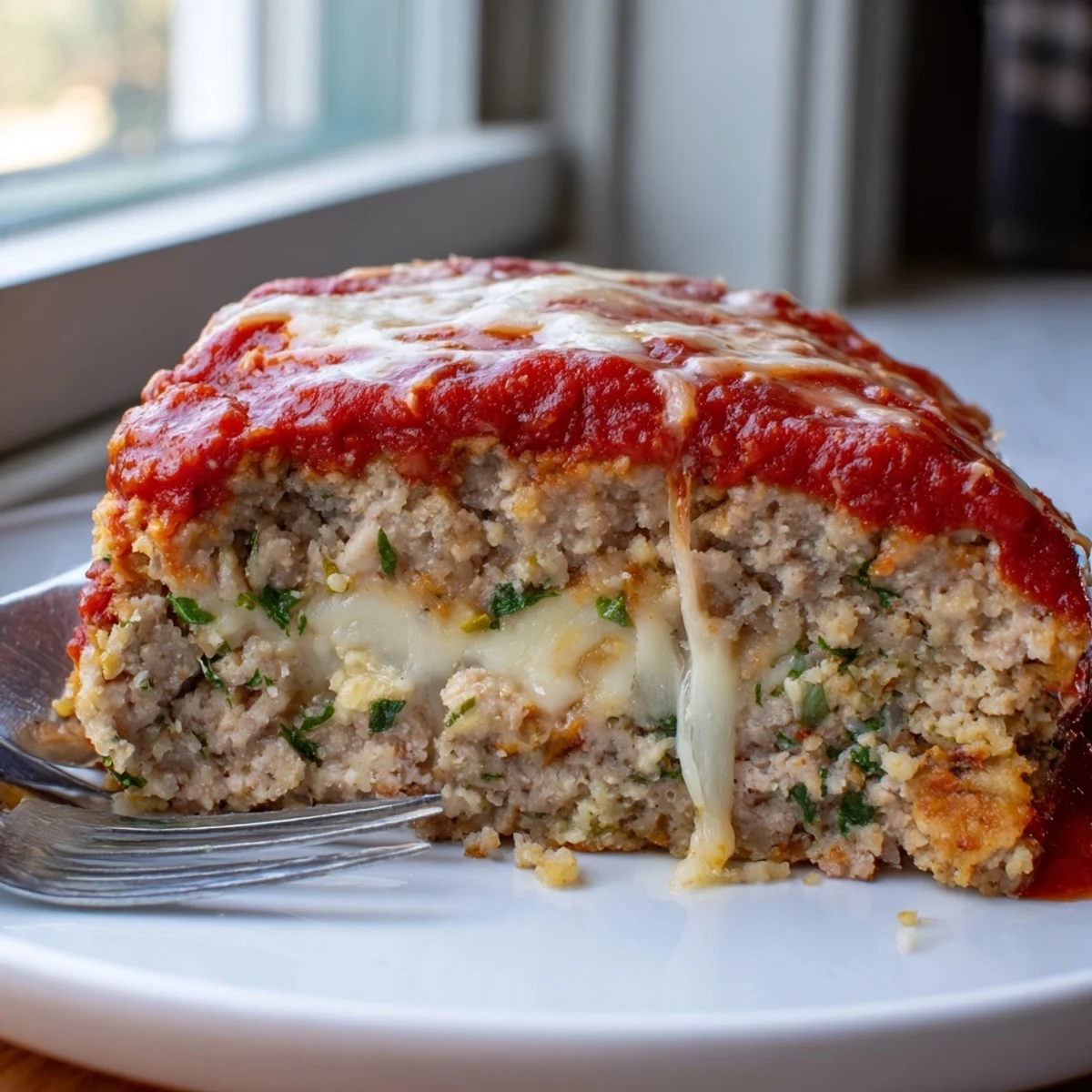 Golden Parmesan chicken meatloaf sliced and served with marinara sauce and fresh parsley
