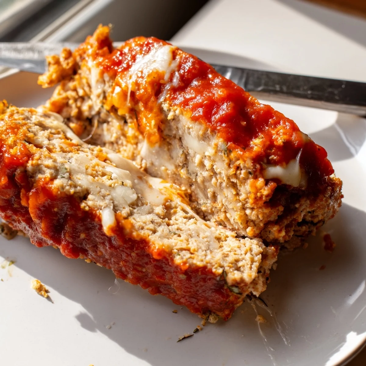 Hearty Parmesan chicken meatloaf with Italian seasoning plated alongside pasta and roasted potatoes