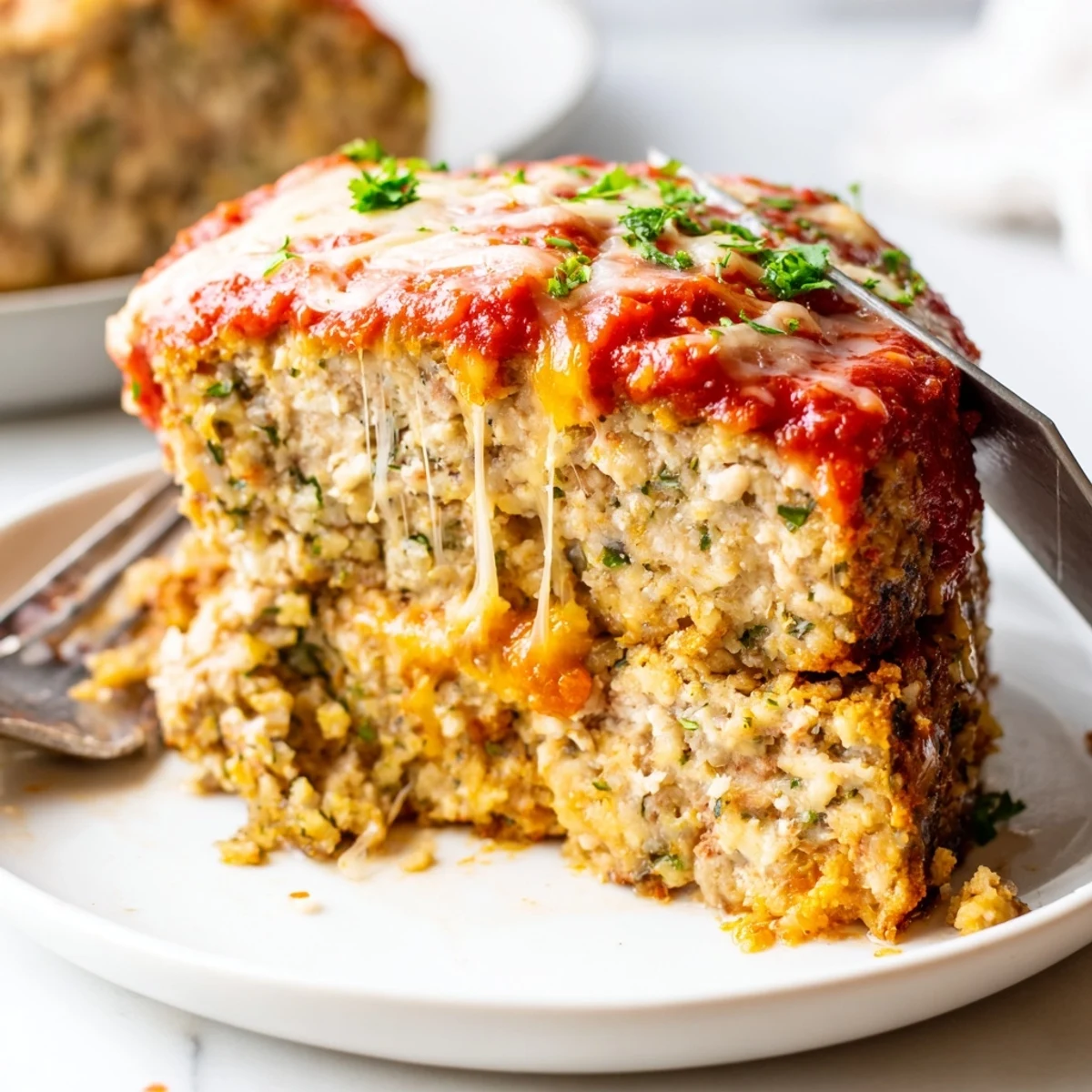 Juicy Parmesan chicken meatloaf topped with melted mozzarella in a rustic loaf pan