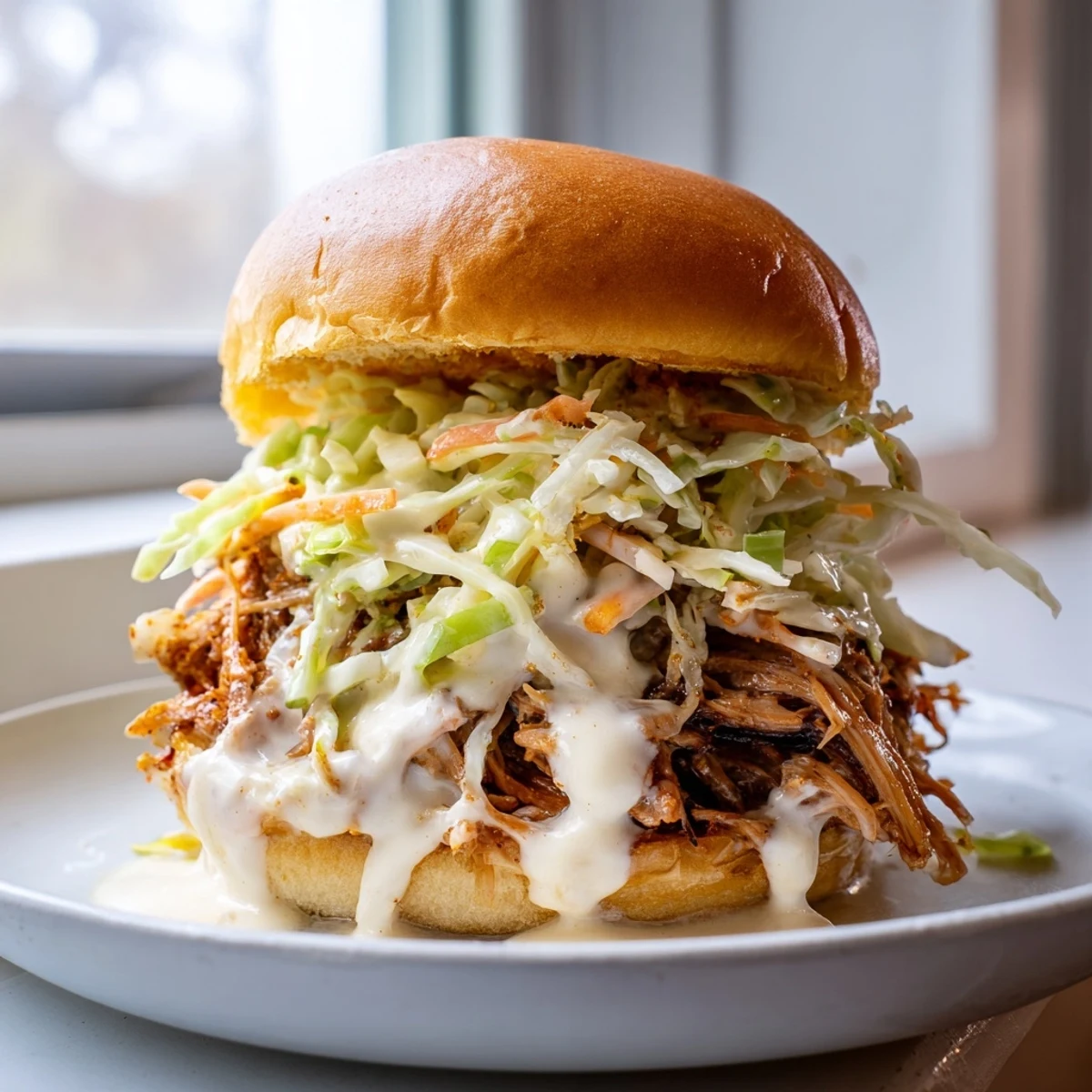 Juicy Alabama White Sauce Pulled Lamb Sliders piled with crunchy slaw on toasted buns