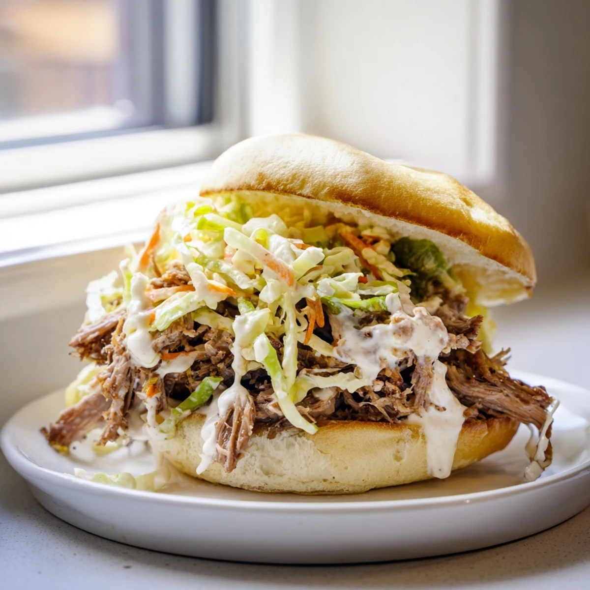 Creamy tangy Alabama White Sauce Pulled Lamb Sliders drizzled with sauce on soft buns
