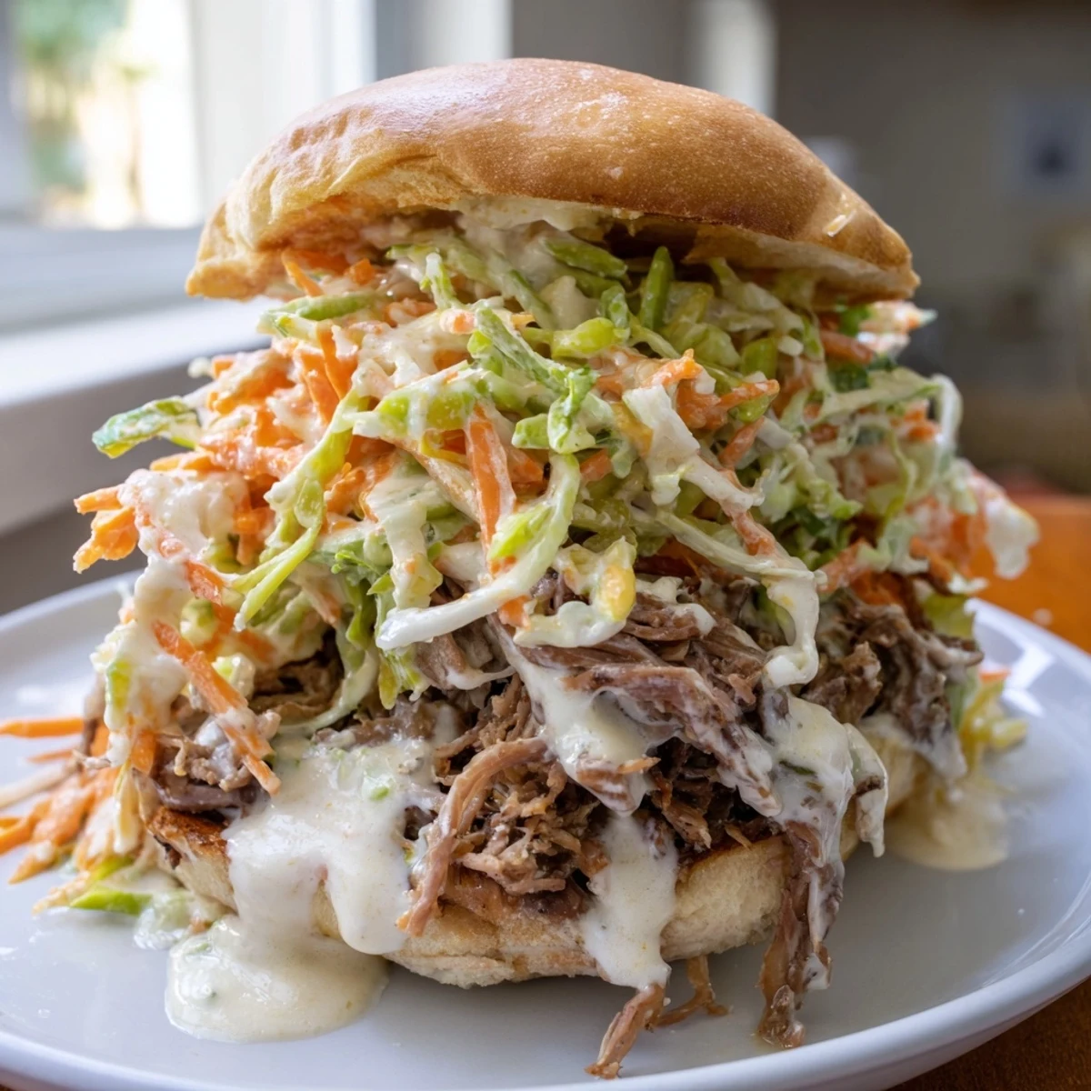 Tender shredded Alabama White Sauce Pulled Lamb Sliders topped with crisp cabbage slaw