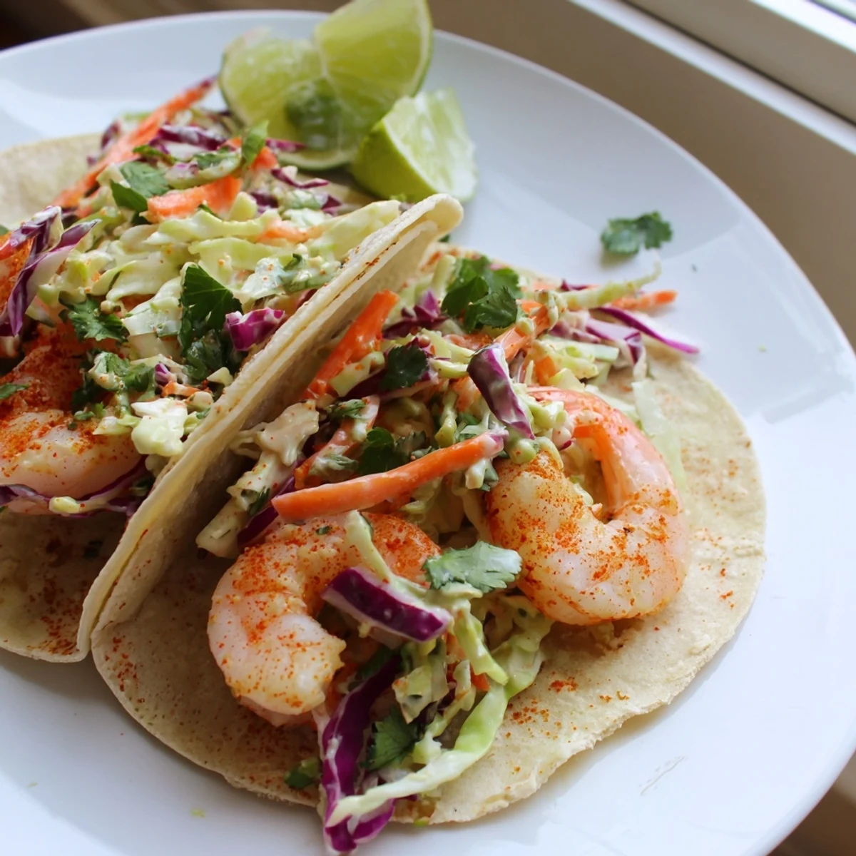 Spicy shrimp tacos topped with vibrant garlic cilantro lime slaw on rustic plate