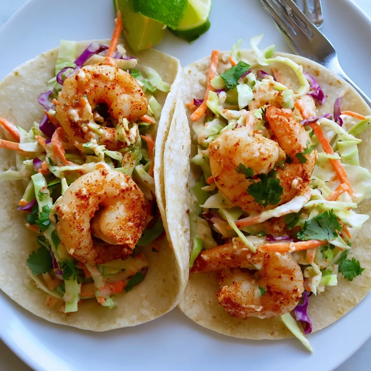 Golden pan-seared spicy shrimp tacos nestled in warm tortillas with crisp tangy slaw