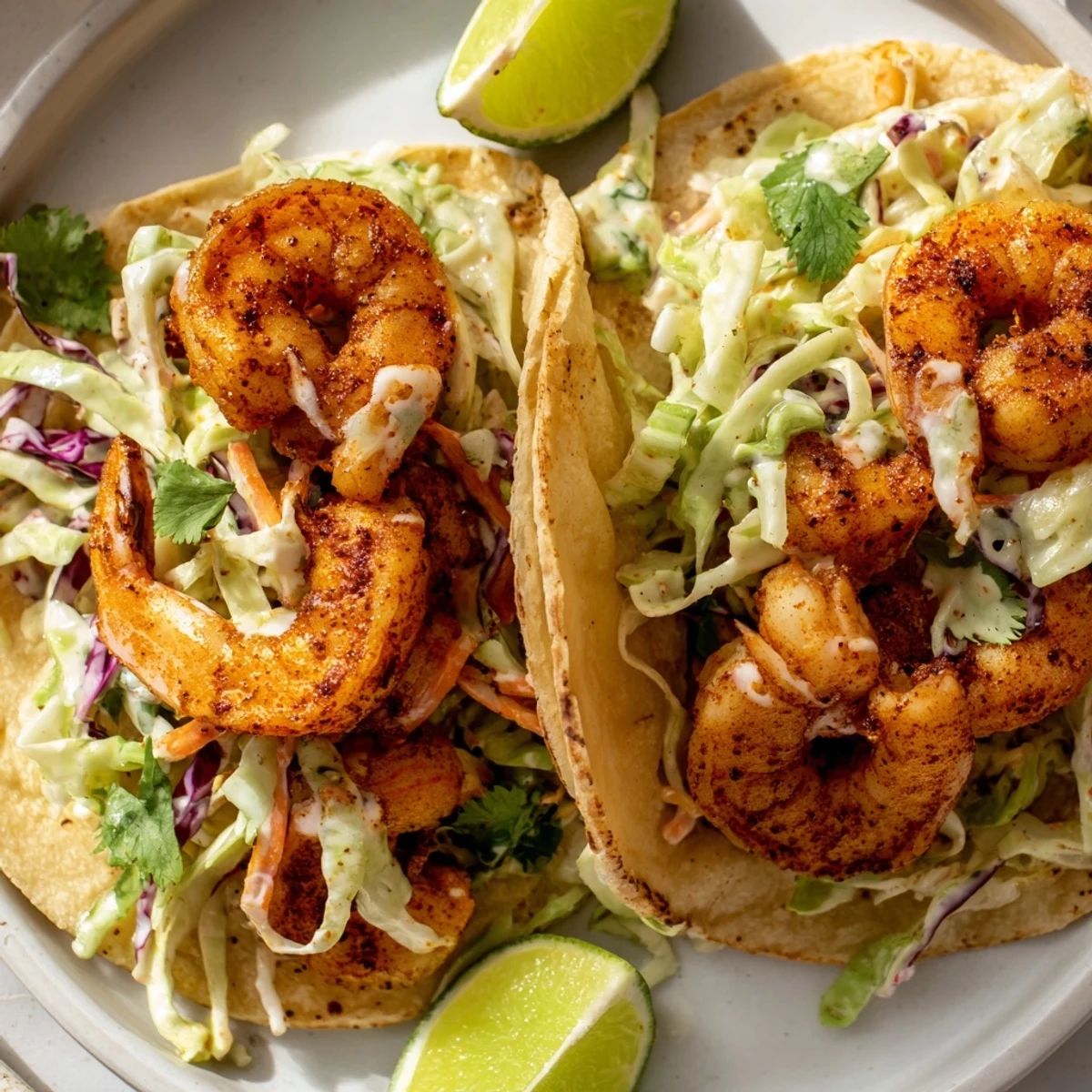 Close-up of spicy shrimp tacos drizzled with creamy garlic cilantro lime slaw garnished with fresh lime wedges