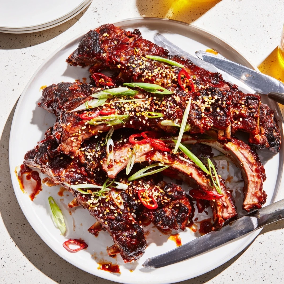 Korean BBQ lamb ribs topped with scallions sesame seeds and sliced chili