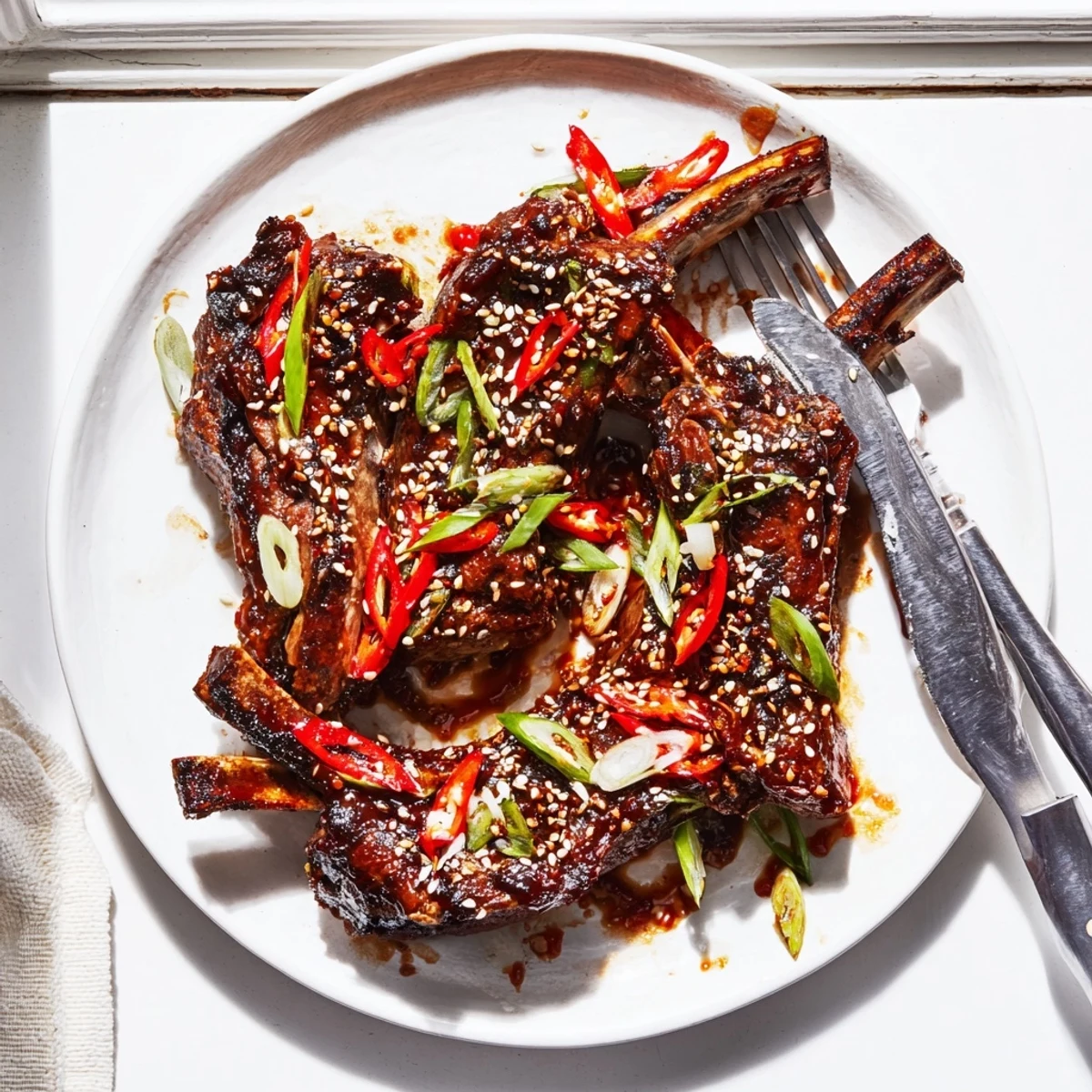 Juicy Korean BBQ lamb ribs glistening with sticky glaze and fresh yuzu squeeze