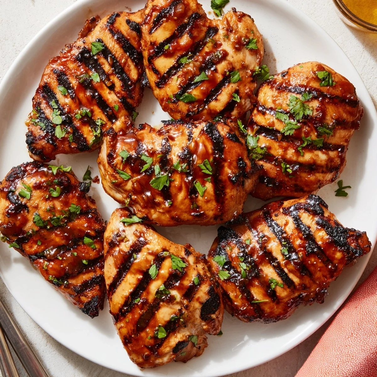 Juicy grilled Coca Cola glazed chicken breast with sticky caramelized grill marks on a summer plate