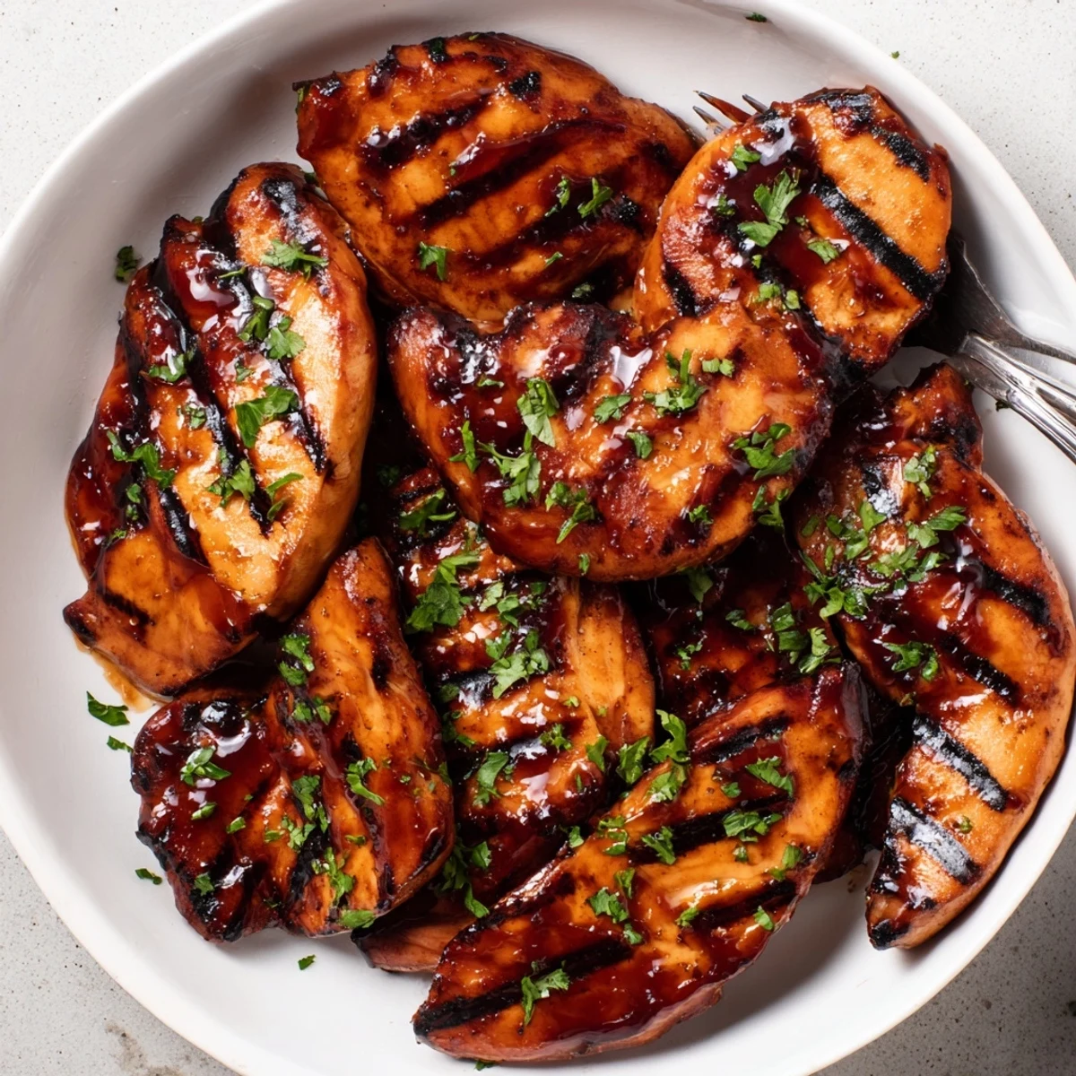 Golden grilled Coca Cola glazed chicken breast sliced open revealing tender meat with charred edges