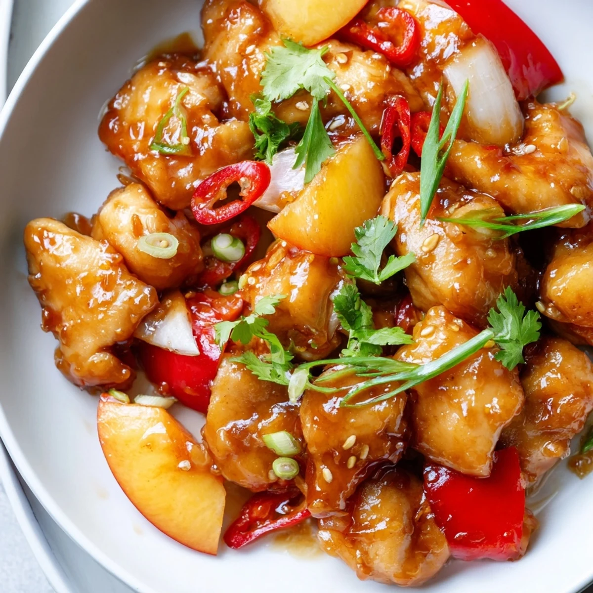 Golden Thai Peach Chicken served over jasmine rice with fresh cilantro and sliced peaches