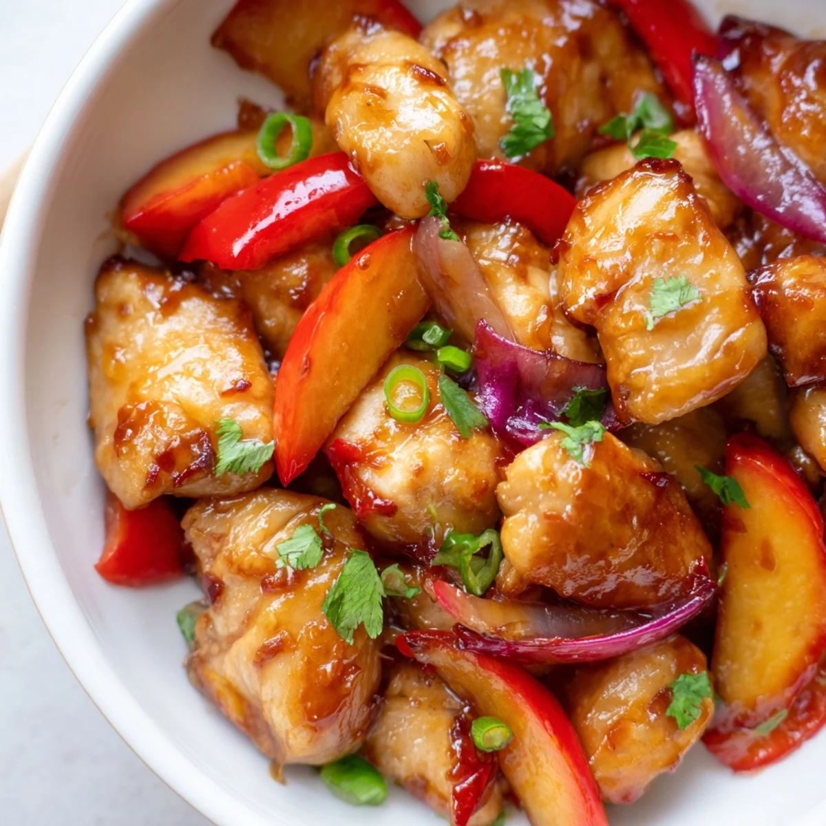 Steaming plate of Thai Peach Chicken topped with ripe peach slices and fragrant ginger sauce