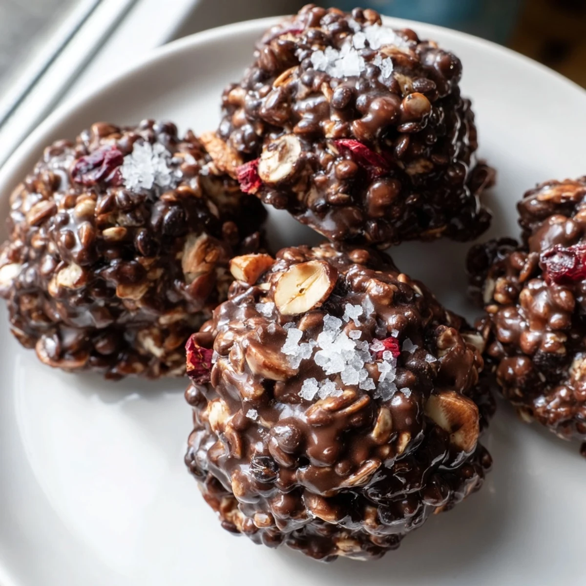 Chocolate Quinoa Crunch Bites topped with flaky sea salt on a rustic plate