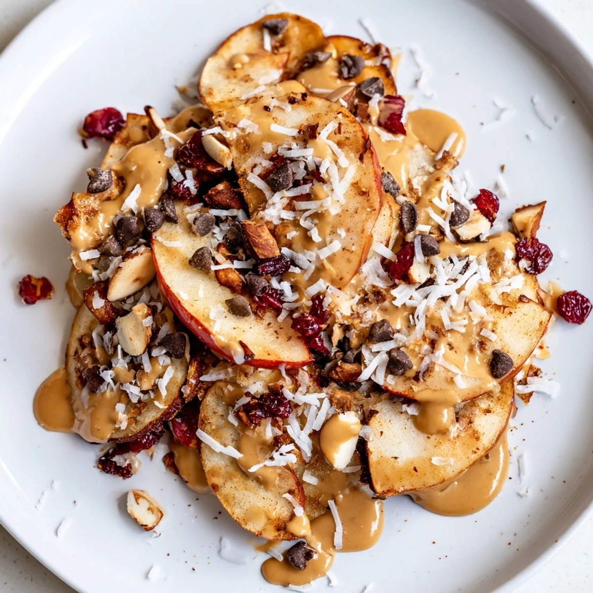 Crispy apple nachos with cinnamon tahini drizzle topped with coconut and crunchy nuts