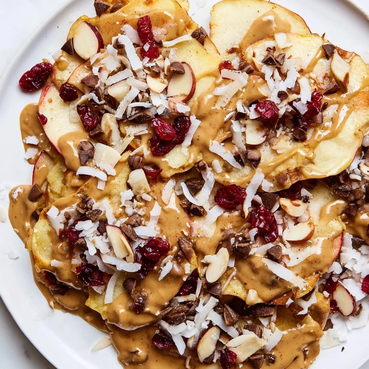 Golden apple slices layered with sweet cinnamon tahini drizzle, chocolate chips, and cranberries