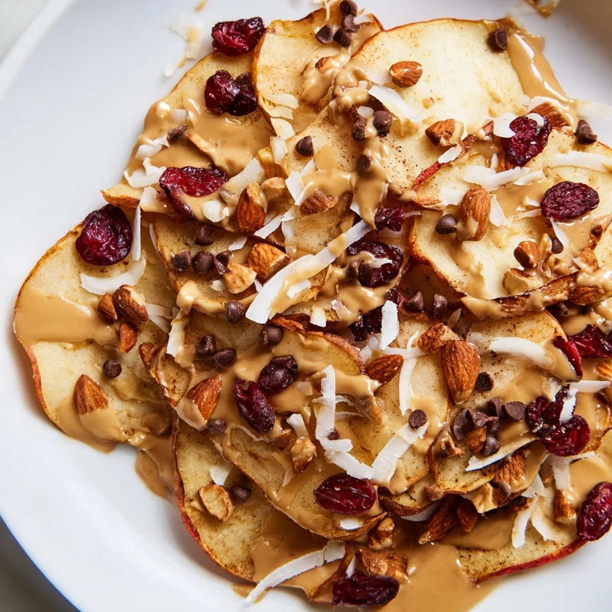 Crispy apple nachos drizzled with spiced tahini and sprinkled with shredded coconut and pecans