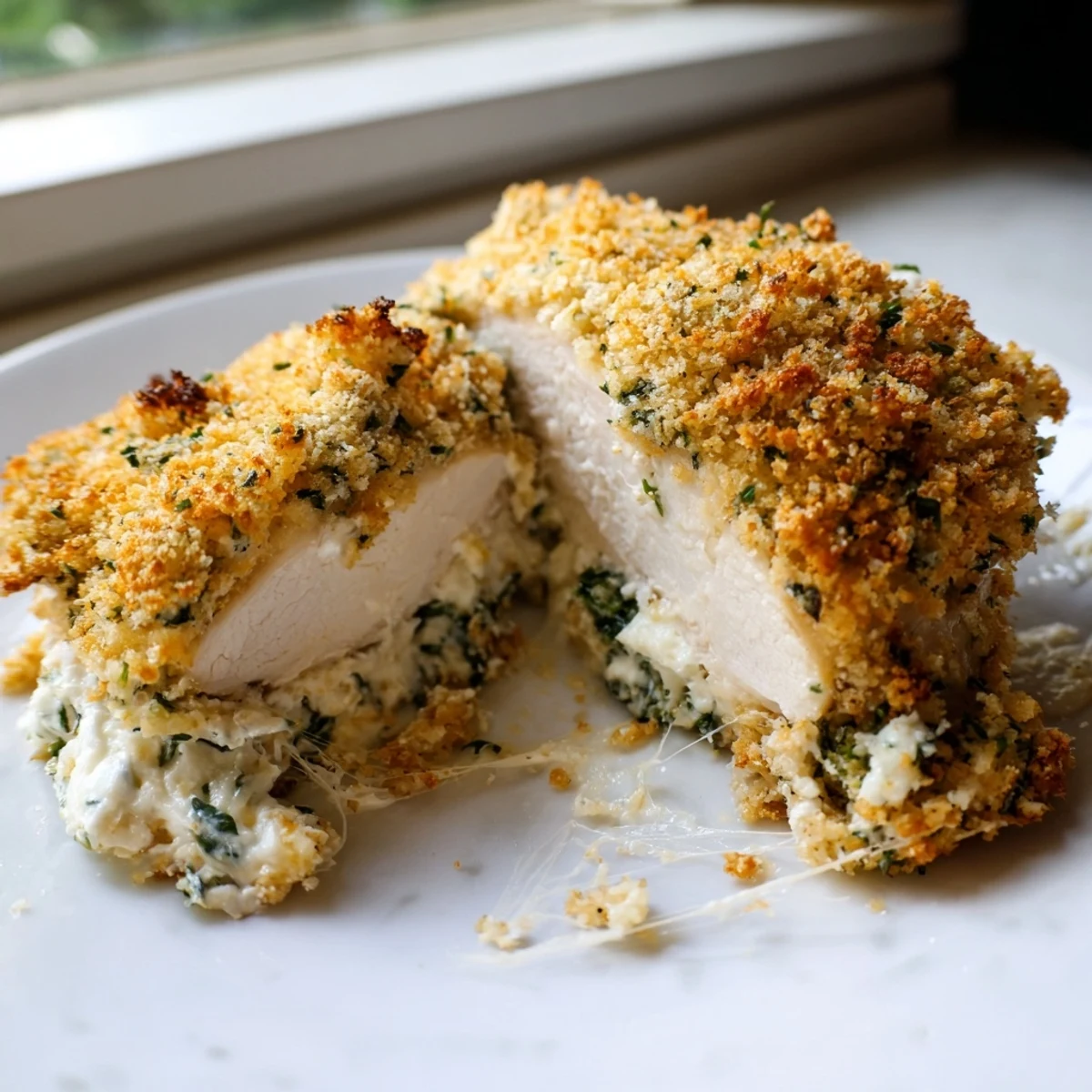 Creamy ricotta chicken bake topped with herb breadcrumbs and served on a white plate
