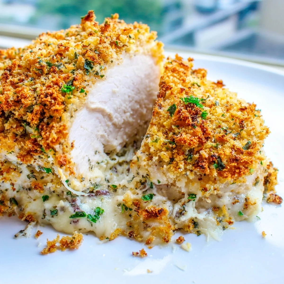 Golden-crusted ricotta chicken bake fresh from the oven with bubbling mozzarella cheese topping
