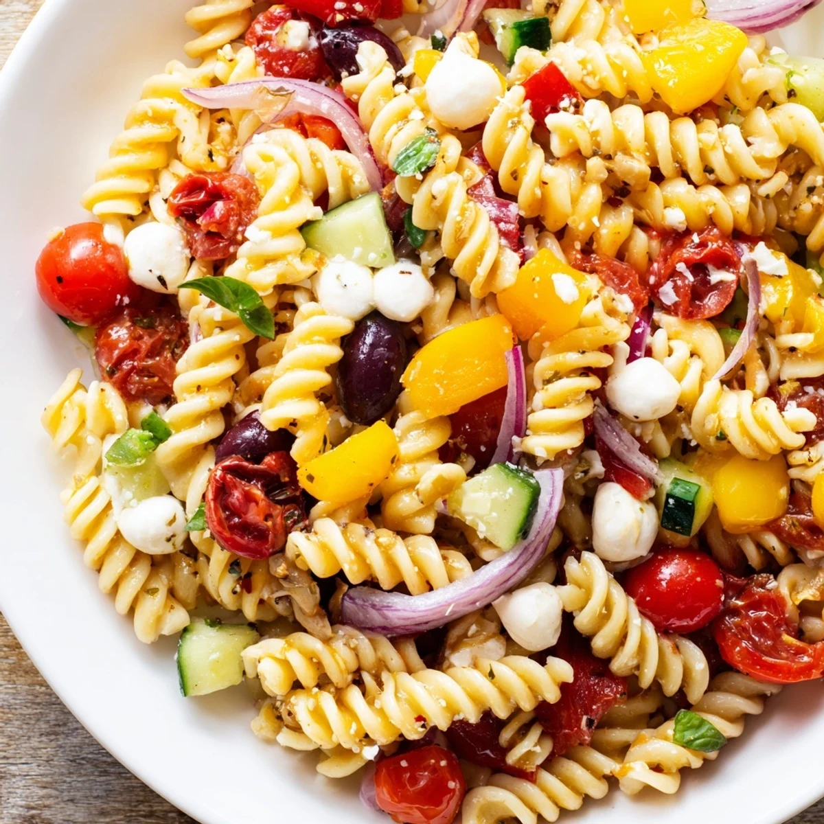 Colorful vegetarian Italian pasta salad tossed with ripe tomatoes, olives, and fresh basil