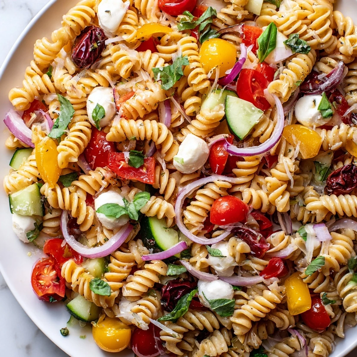 Tender fusilli coated in tangy vinaigrette with crunchy vegetables in vegetarian Italian pasta salad