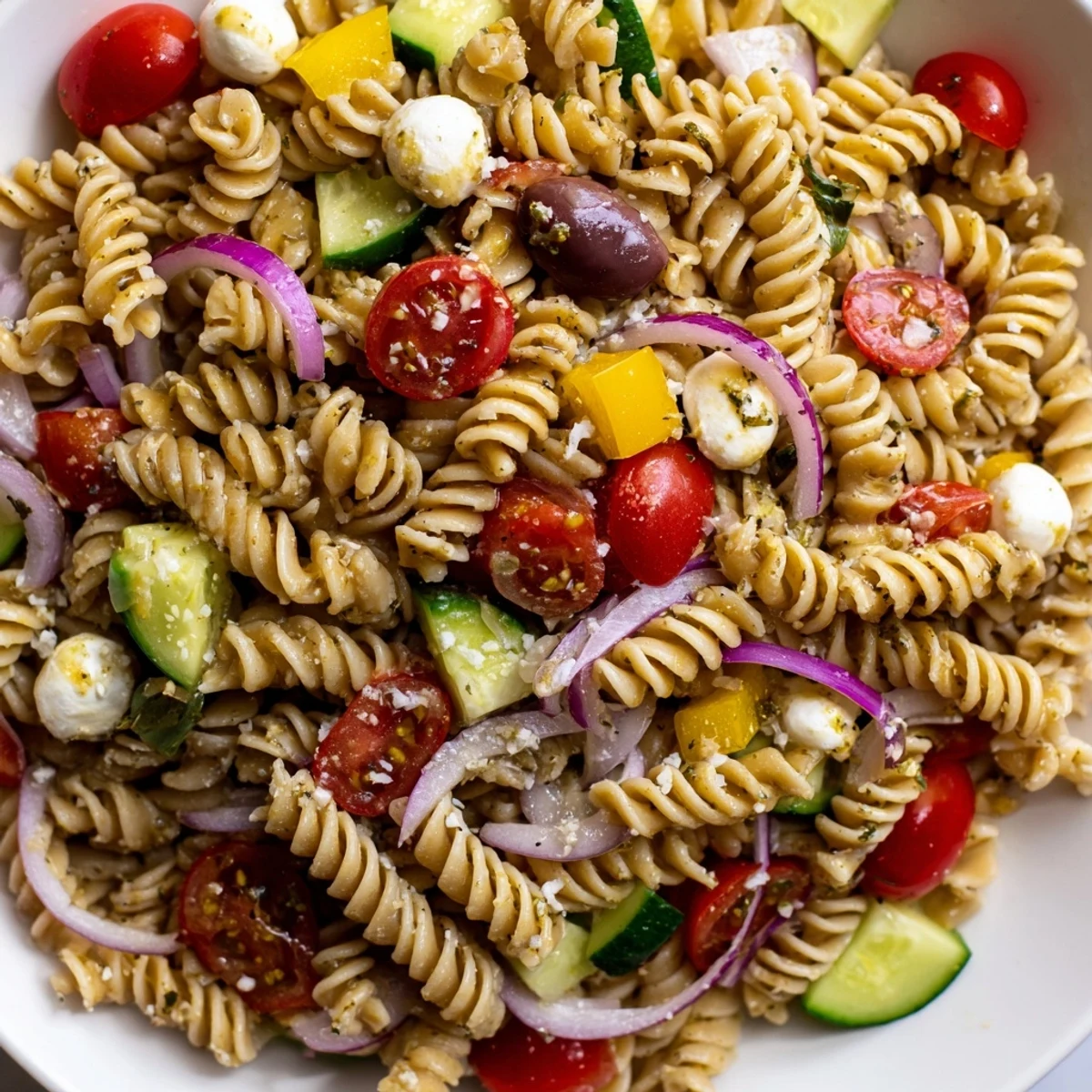 Creamy mozzarella and vibrant bell peppers crown this chilled vegetarian Italian pasta salad