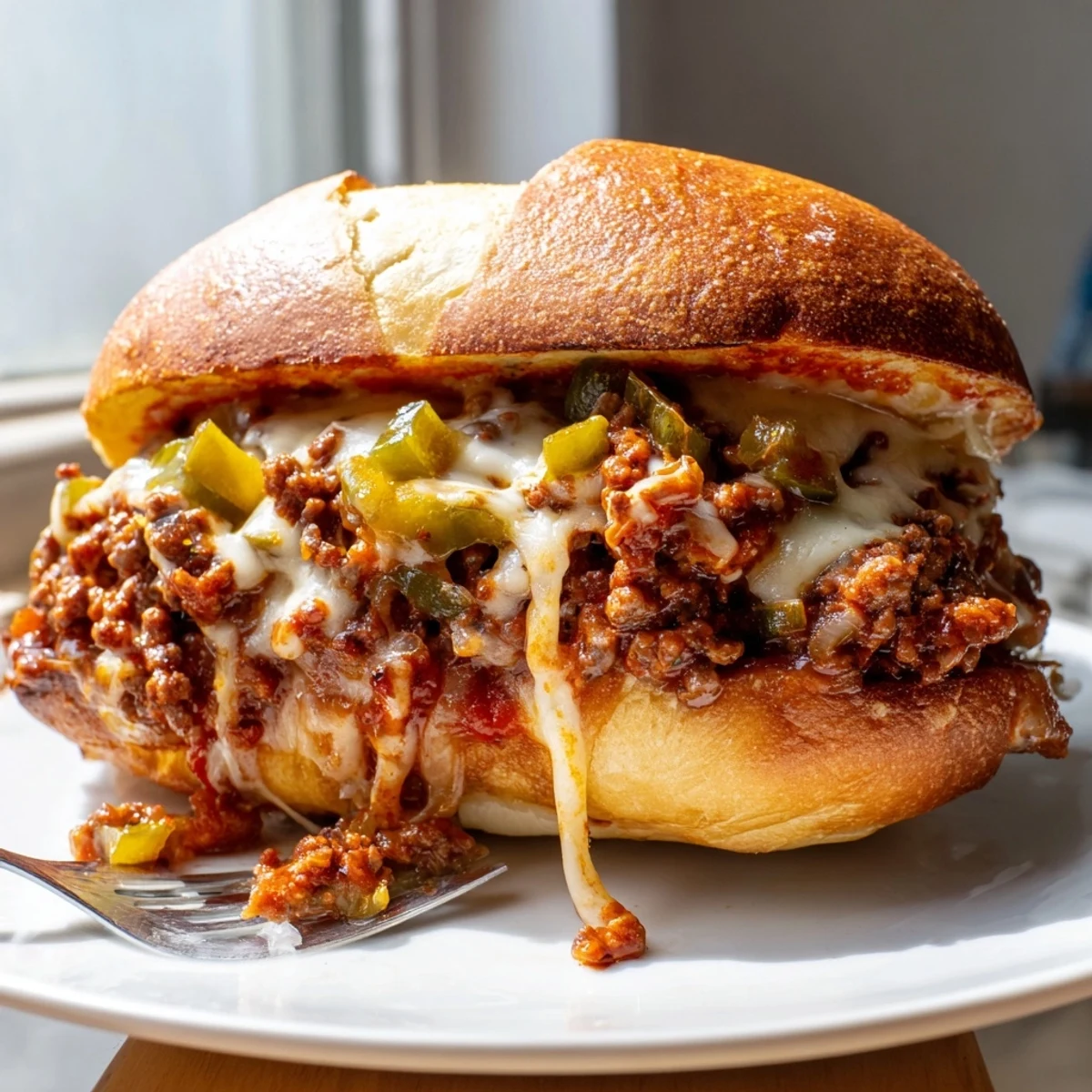 Cheesy Philly Sloppy Joes with melted provolone piled on a golden toasted brioche bun