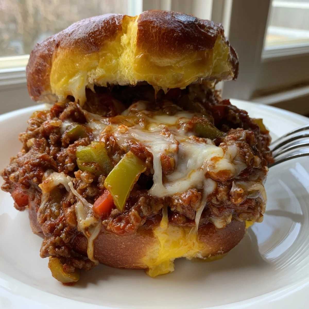 Gooey melted cheese stretches over savory Cheesy Philly Sloppy Joes served on buttery brioche