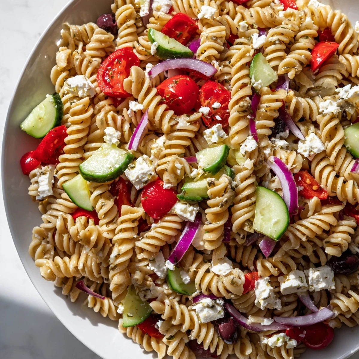 Colorful Greek Pasta Salad loaded with crunchy vegetables, tangy feta, and Kalamata olives in a sunny serving bowl