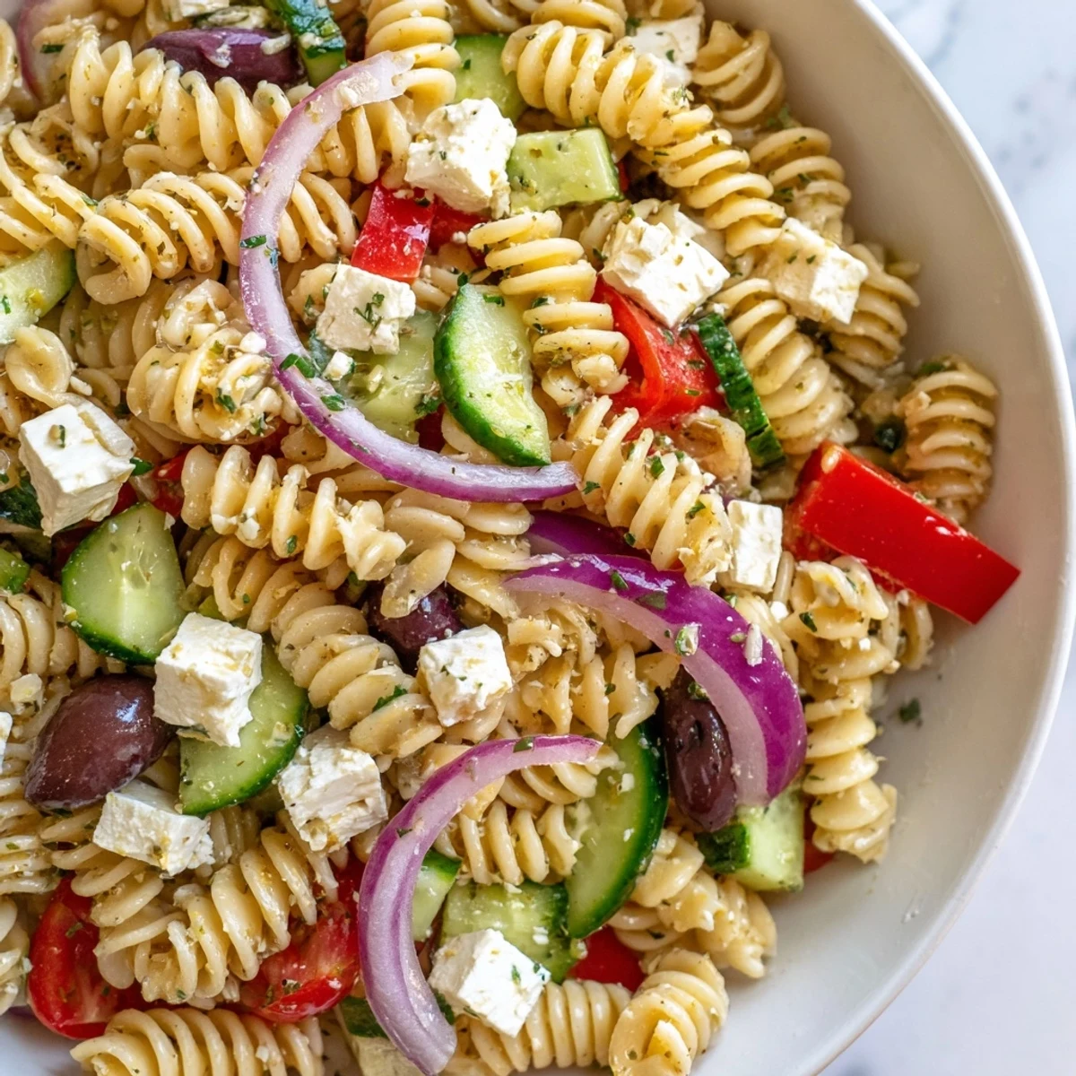 A close-up of Greek Pasta Salad drizzled with herbed vinaigrette, showcasing ripe cherry tomatoes and crumbled feta