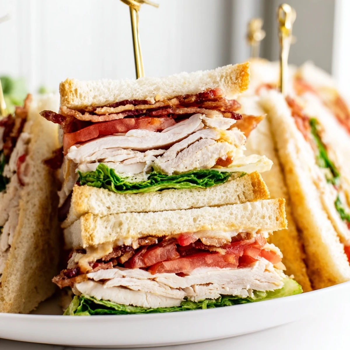 Triple-layered club sandwich with crispy bacon, roasted chicken, lettuce, and tomato on golden toasted bread