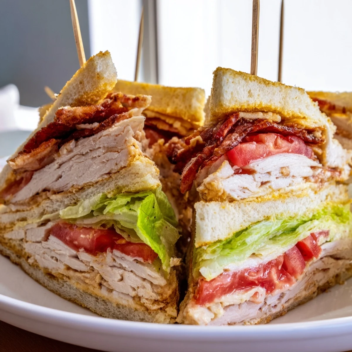 Club sandwich stacked high with juicy turkey, crunchy bacon, fresh lettuce, and creamy mayonnaise