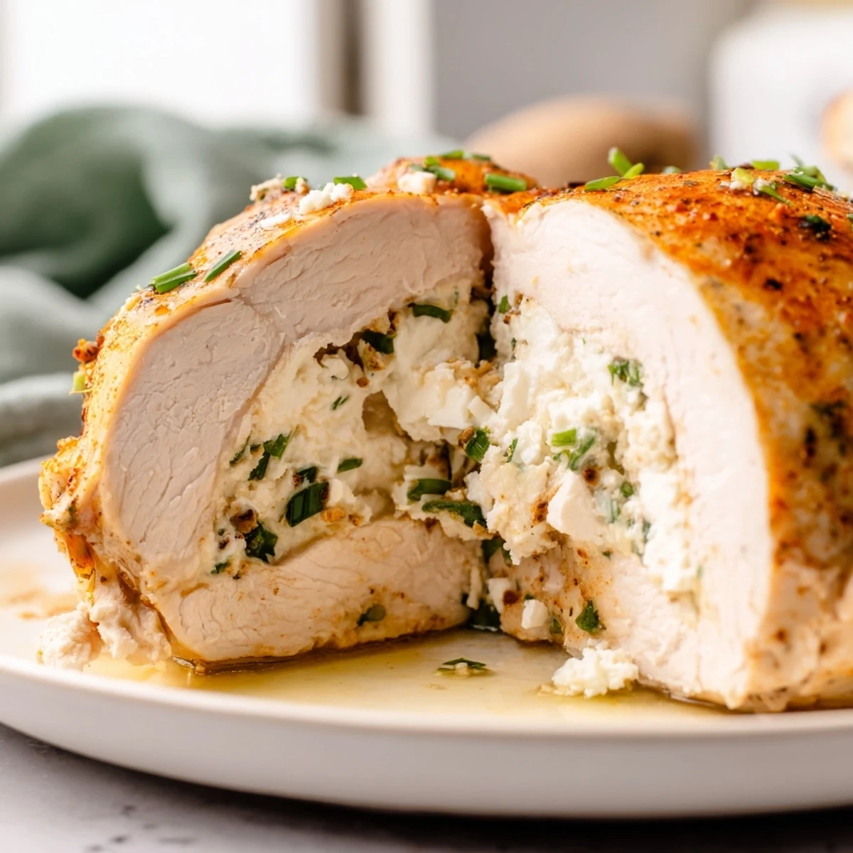 Golden goat cheese chicken breasts fresh from the oven with bubbling herb filling