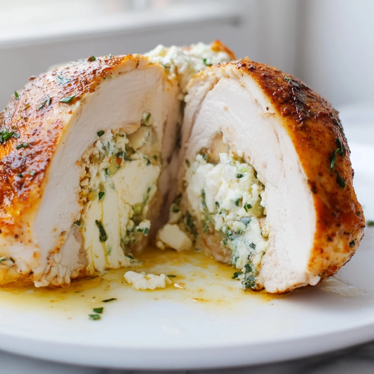 Juicy sliced goat cheese chicken on a white plate with lemon wedges