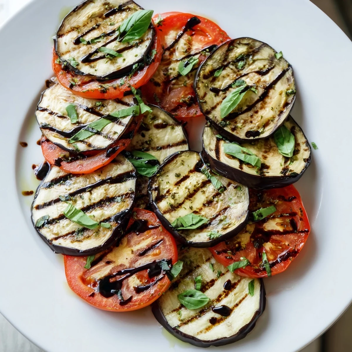 Smoky grilled tomato eggplant layered on a platter with fresh basil and balsamic drizzle