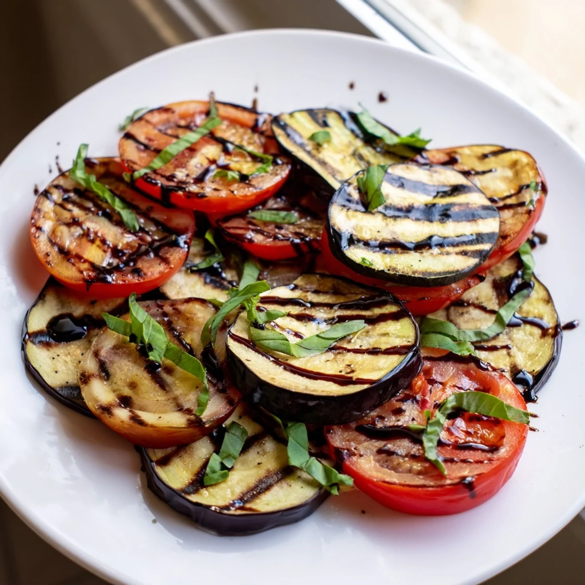 Charred grilled tomato eggplant slices stacked alternately, glistening with olive oil and herbs
