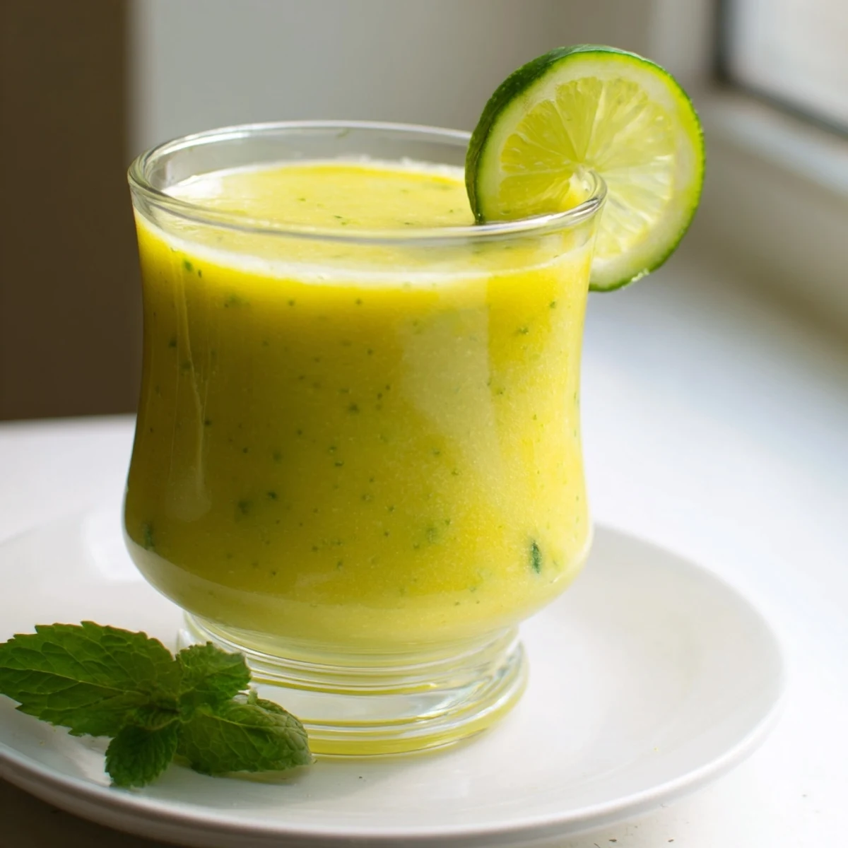 Creamy mango cucumber smoothie poured into glass with fresh mint garnish