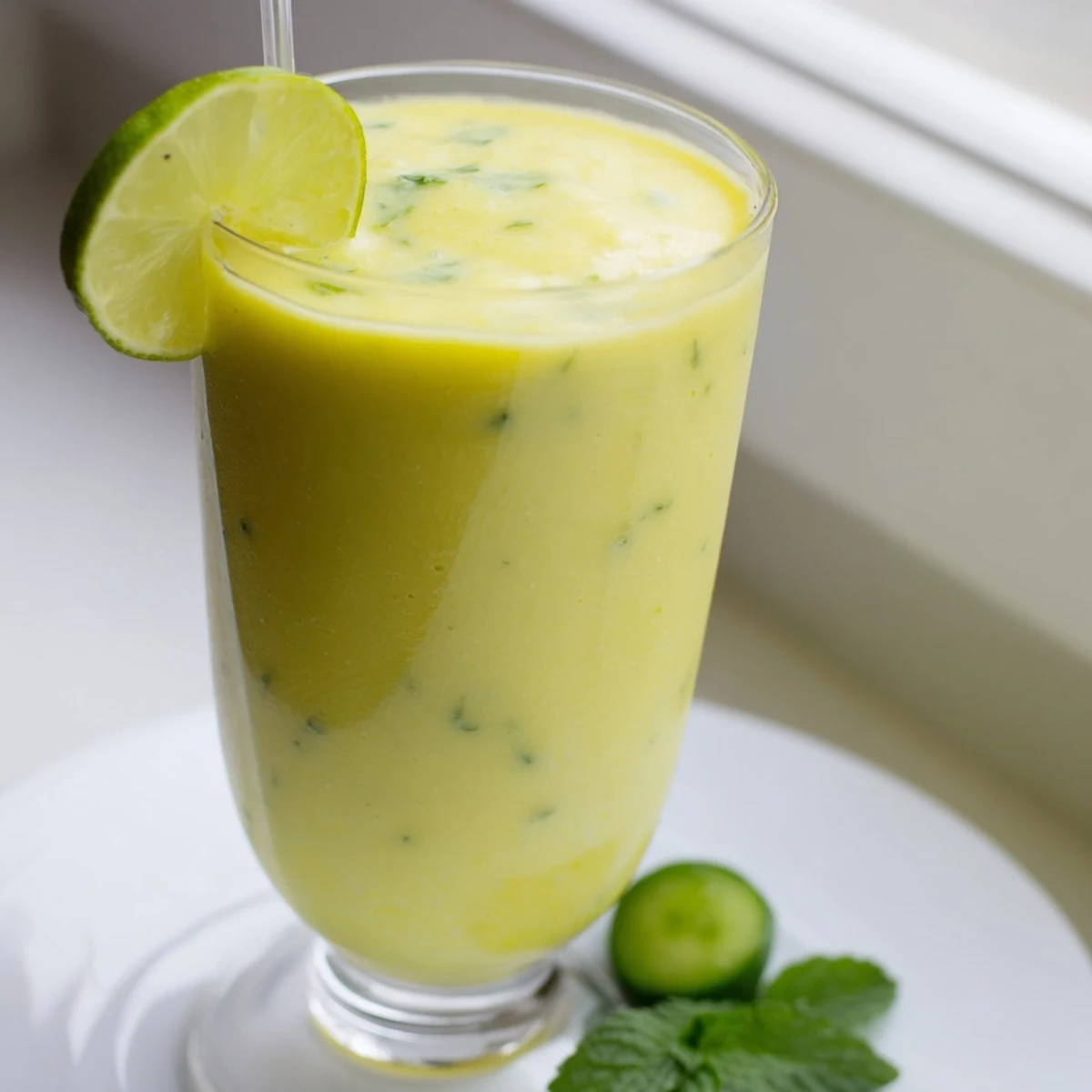 Vibrant mango cucumber smoothie in tall glasses served on wooden breakfast table