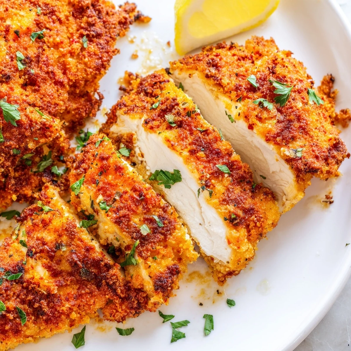 Golden baked Paprika Parmesan Chicken with a crispy herbed crust on a parchment-lined sheet