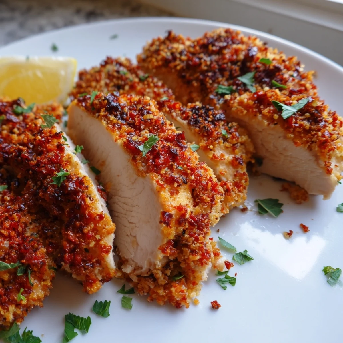 Crispy coated Paprika Parmesan Chicken breasts served hot from the oven with roasted vegetables