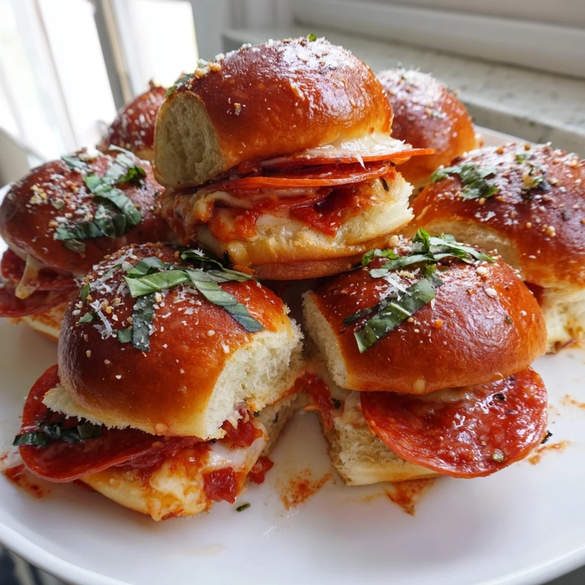 Golden hot honey pepperoni pizza sliders with gooey melted cheese on soft buns