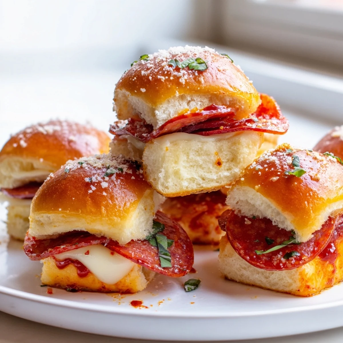 Crispy baked hot honey pepperoni pizza sliders oozing with warm mozzarella and sauce